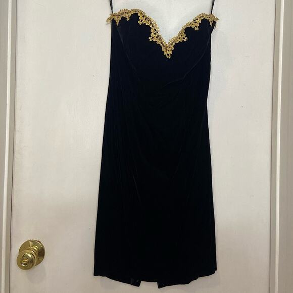 Vintage Dresses & Skirts - Vintage Zum Zum Strapless Black Velvet Mini Dress Gold Trim Small Whimsigoth
